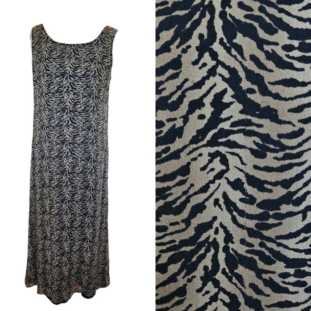 Vintage 90s Size 10 Animal‎ Print Maxi Dress Silk Loose Brown Black Sleeveless
